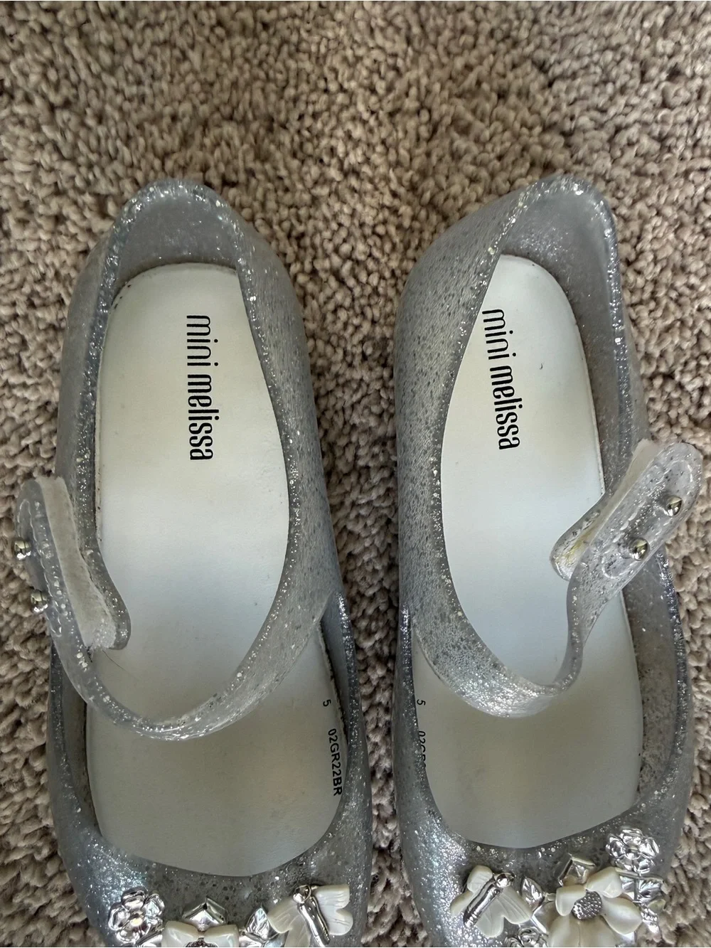 Mini Melissa Silver Glitter Mary Jane Shoes with Flower Accents